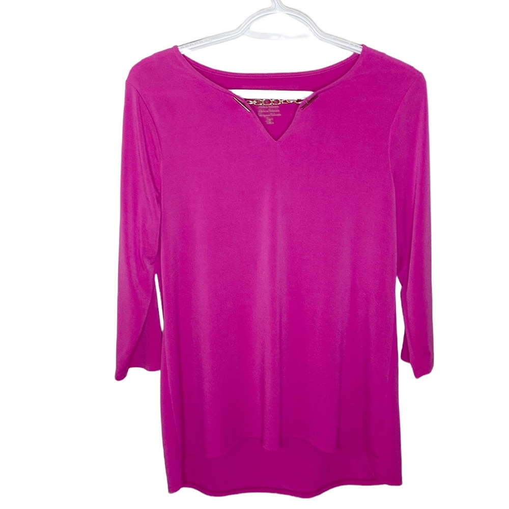 Chico’s hot pink gold tone chain linked v-neck 3/4 sleeve tunic size S